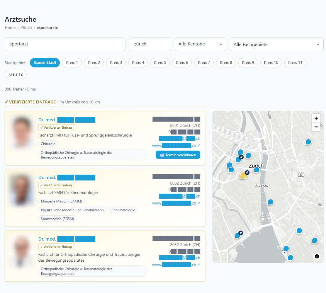 Arztsuche mit Such- und Filterfunktionen – Webportal doktor.ch
